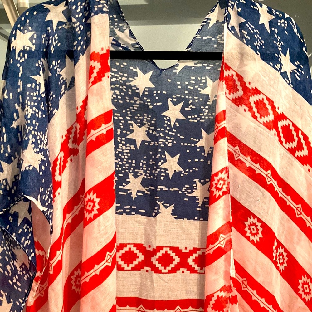 Sheer cover up with American flag inspired print.
